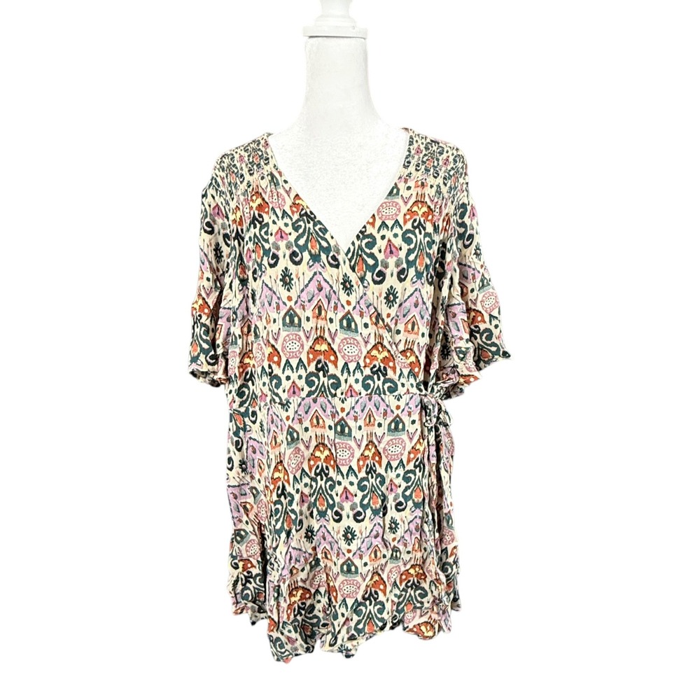 Torrid Wrap Blouse Womens 3 Multicolor Ikat Tribal Print Smocked Flutter Sleeve